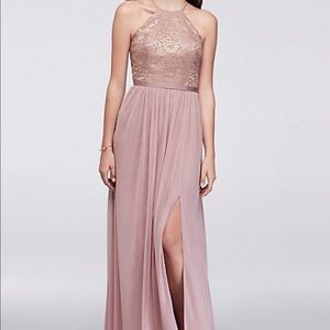 OPEN-BACK METALLIC LACE AND MESH BRIDESMAID DRESS